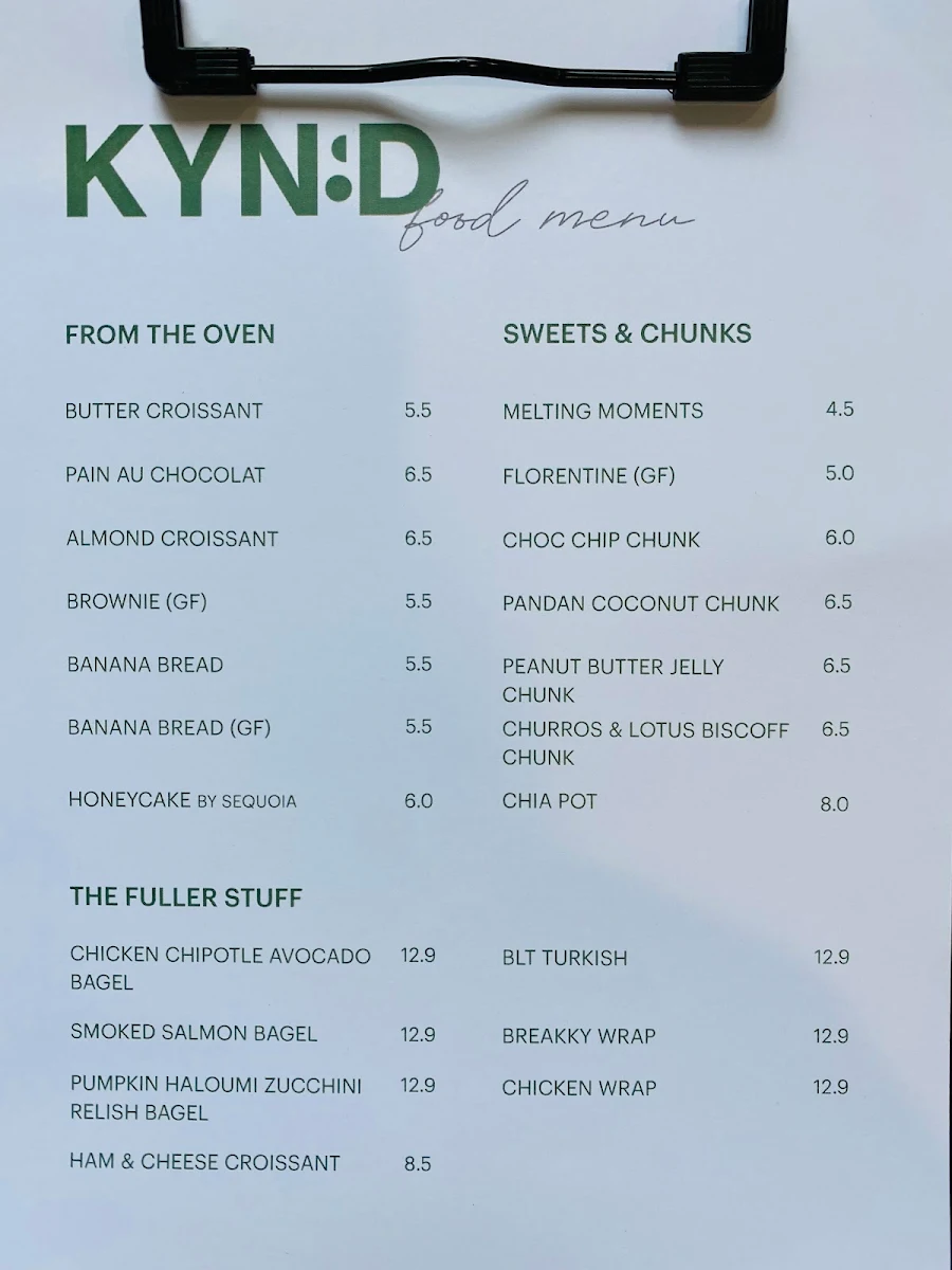 Menu, Kynd Coffee Co.