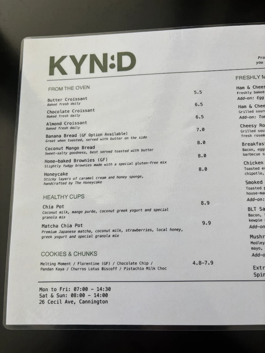 Menu, Kynd Coffee Co.