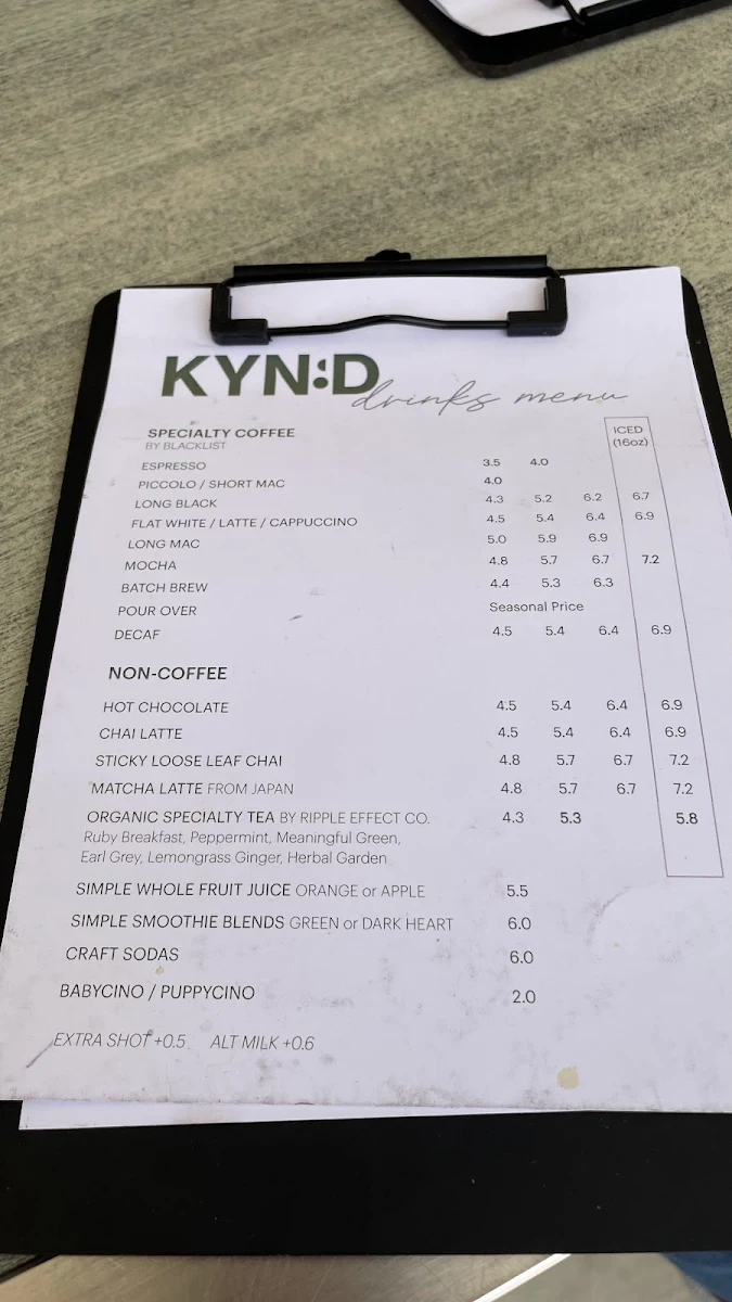 Menu, Kynd Coffee Co.