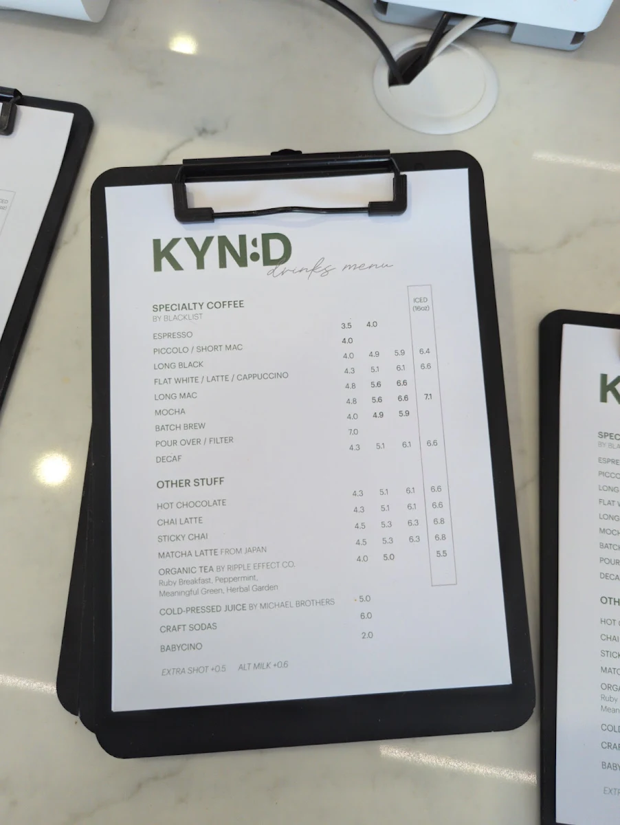 Menu, Kynd Coffee Co.