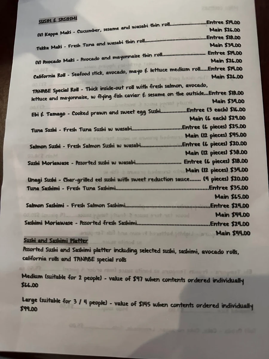 Menu, Tanabe Japanese Restaurant
