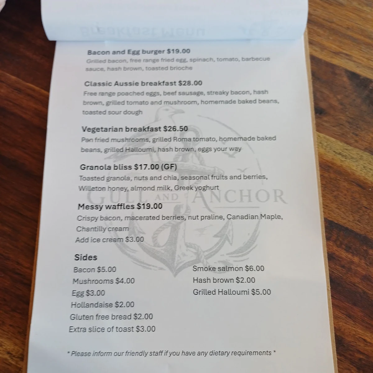 Menu, Gull And Anchor