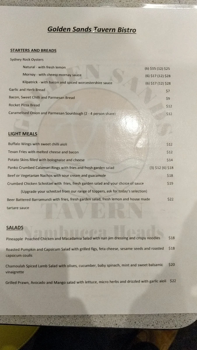 Menu, Golden Sands Tavern