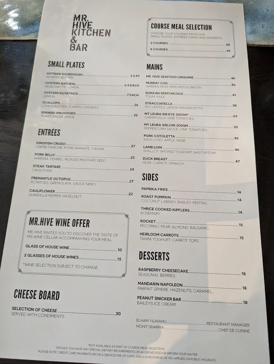 Menu, Mr. Hive Kitchen & Bar