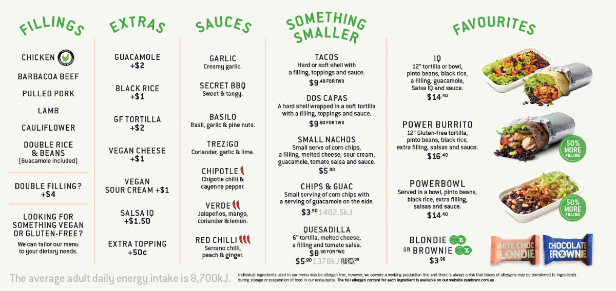 Menu, Zambrero Greenacres