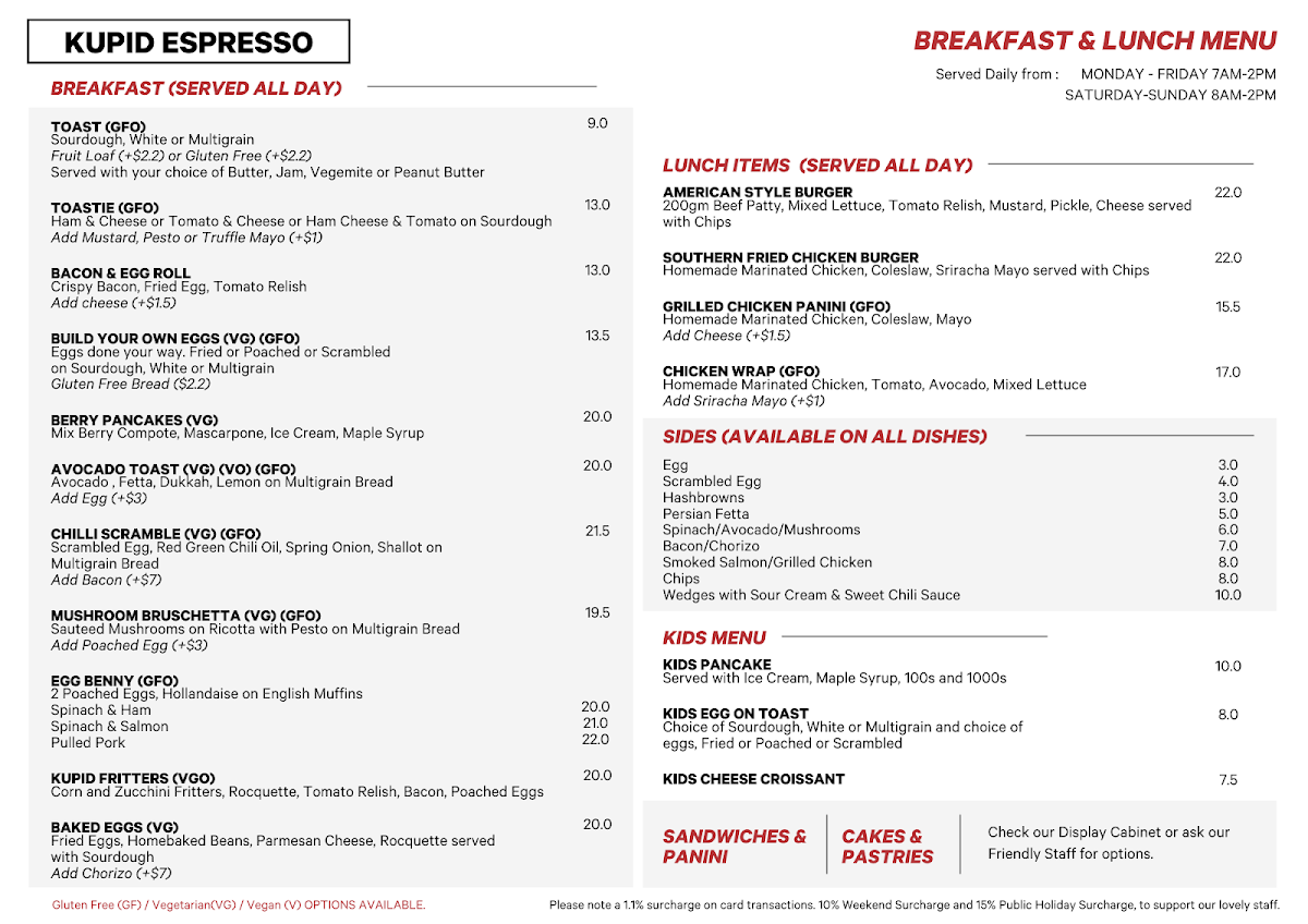 Menu, Kupid Espresso