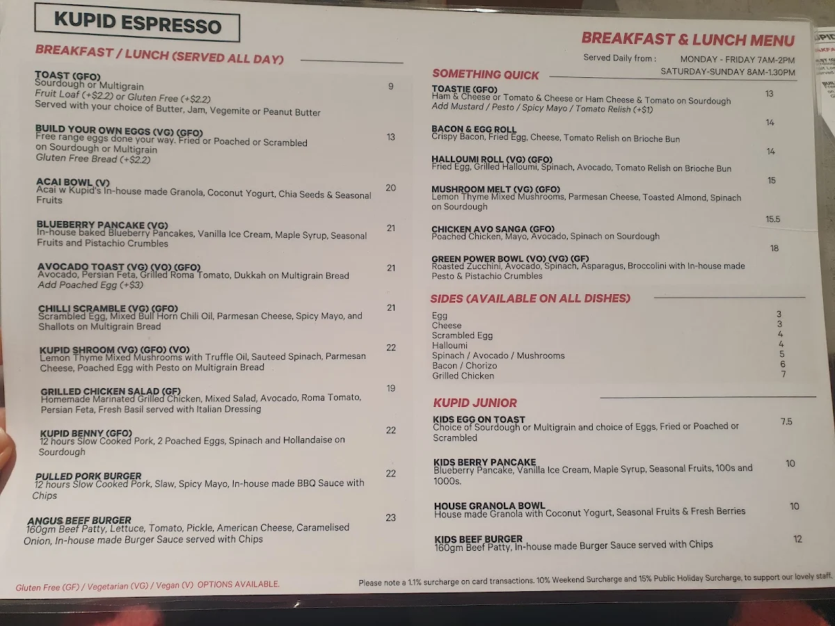 Menu, Kupid Espresso