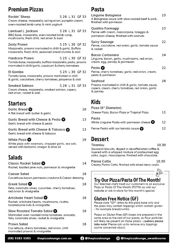 Menu, The Pizza Lounge