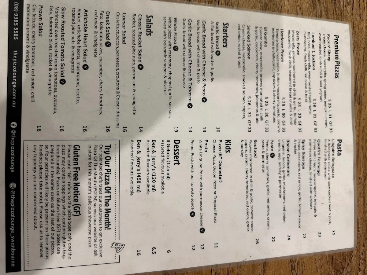 Menu, The Pizza Lounge