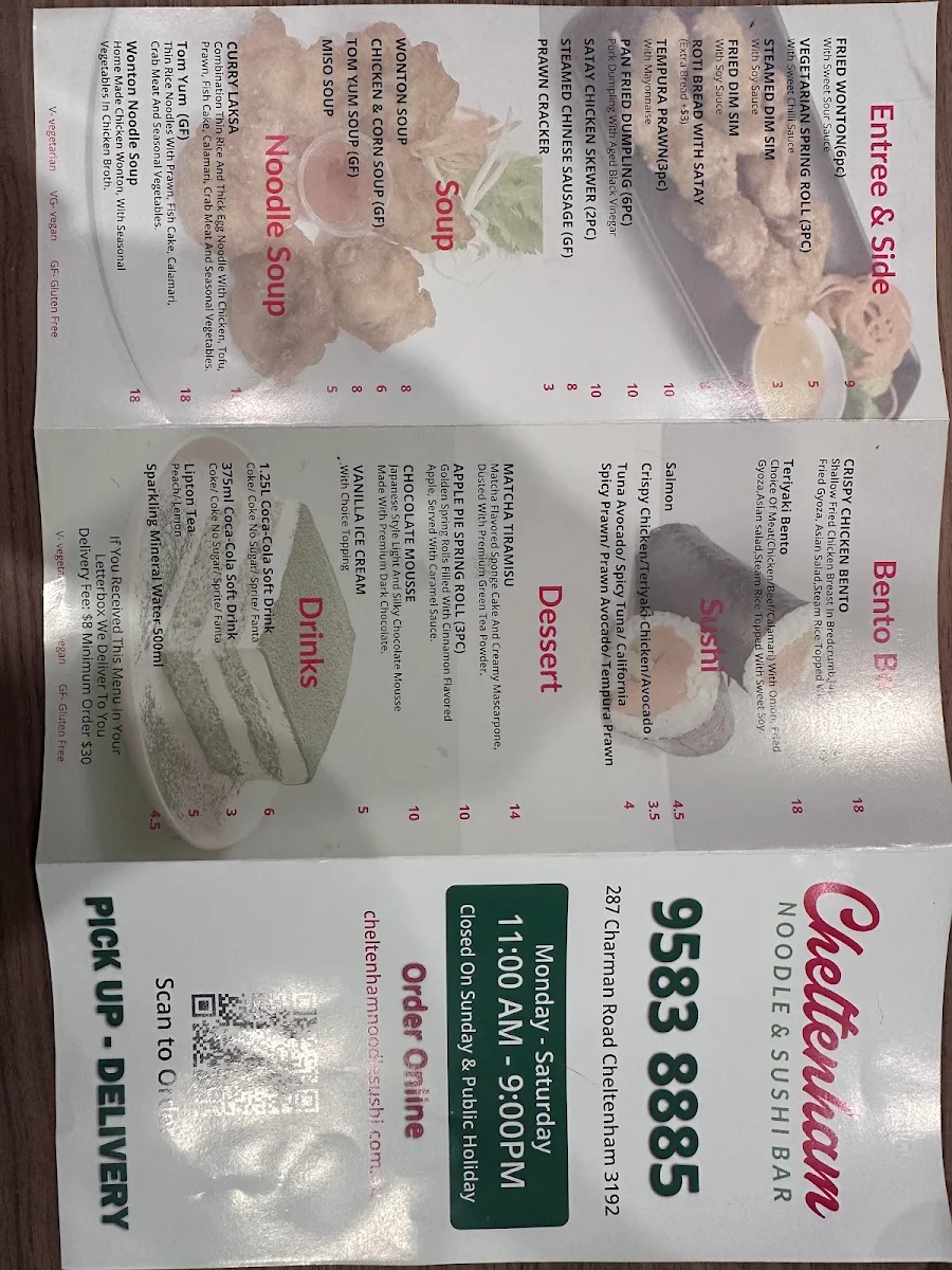 Menu, Cheltenham Noodle & Sushi Bar