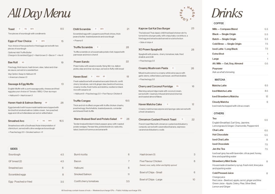 Menu, Haven Coffee - Green Square