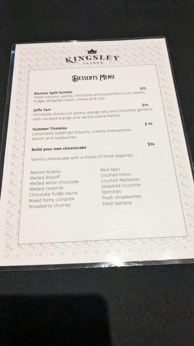 Menu, The Kingsley Tavern