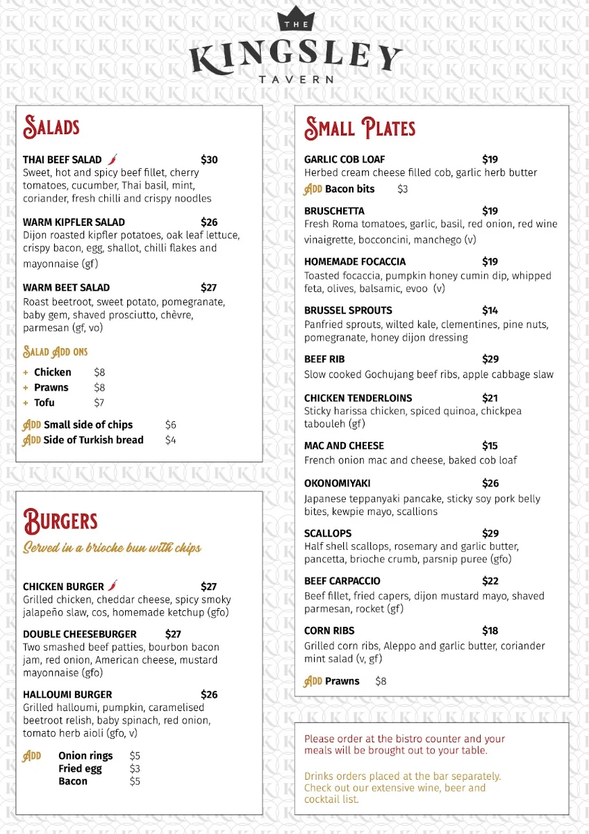 Menu, The Kingsley Tavern