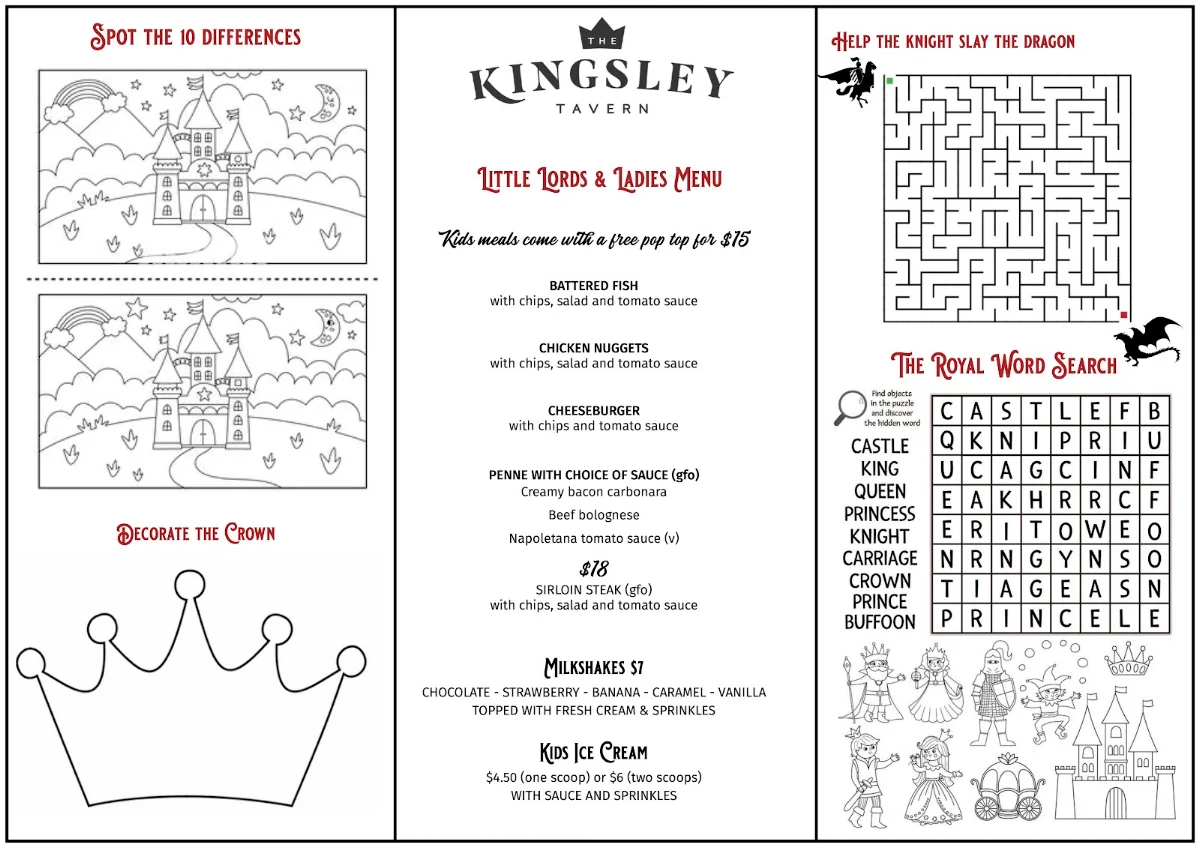 Menu, The Kingsley Tavern
