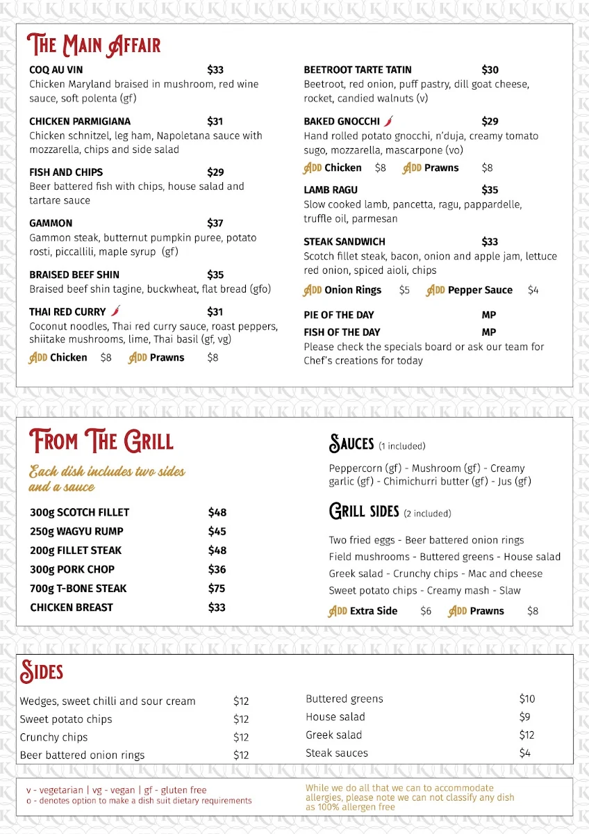 Menu, The Kingsley Tavern