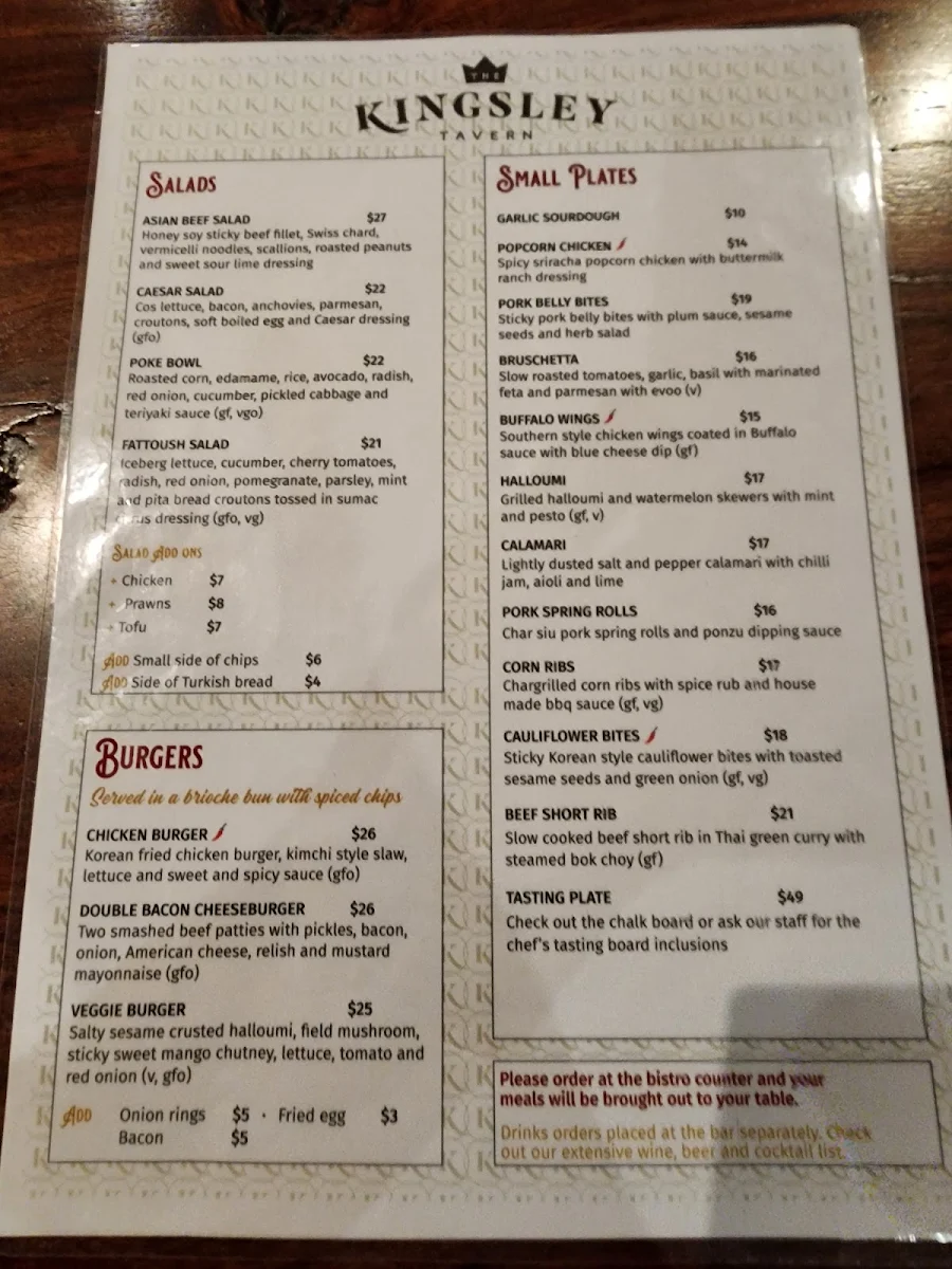 Menu, The Kingsley Tavern