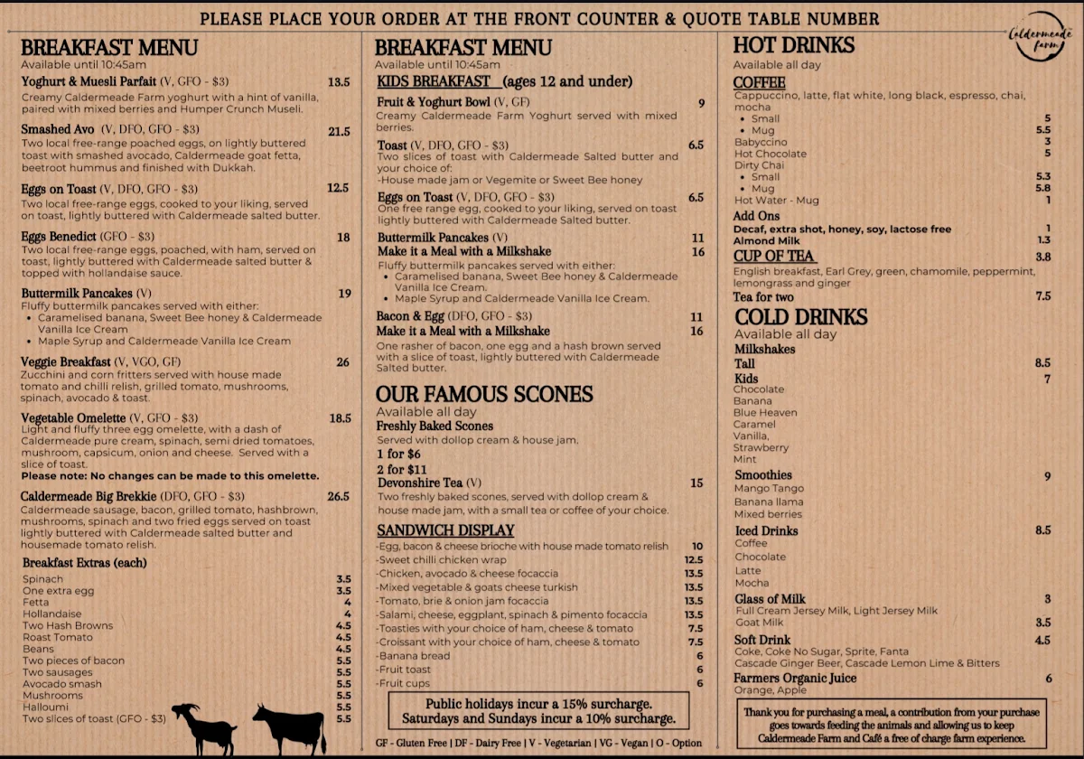 Menu, Caldermeade Farm & Cafe