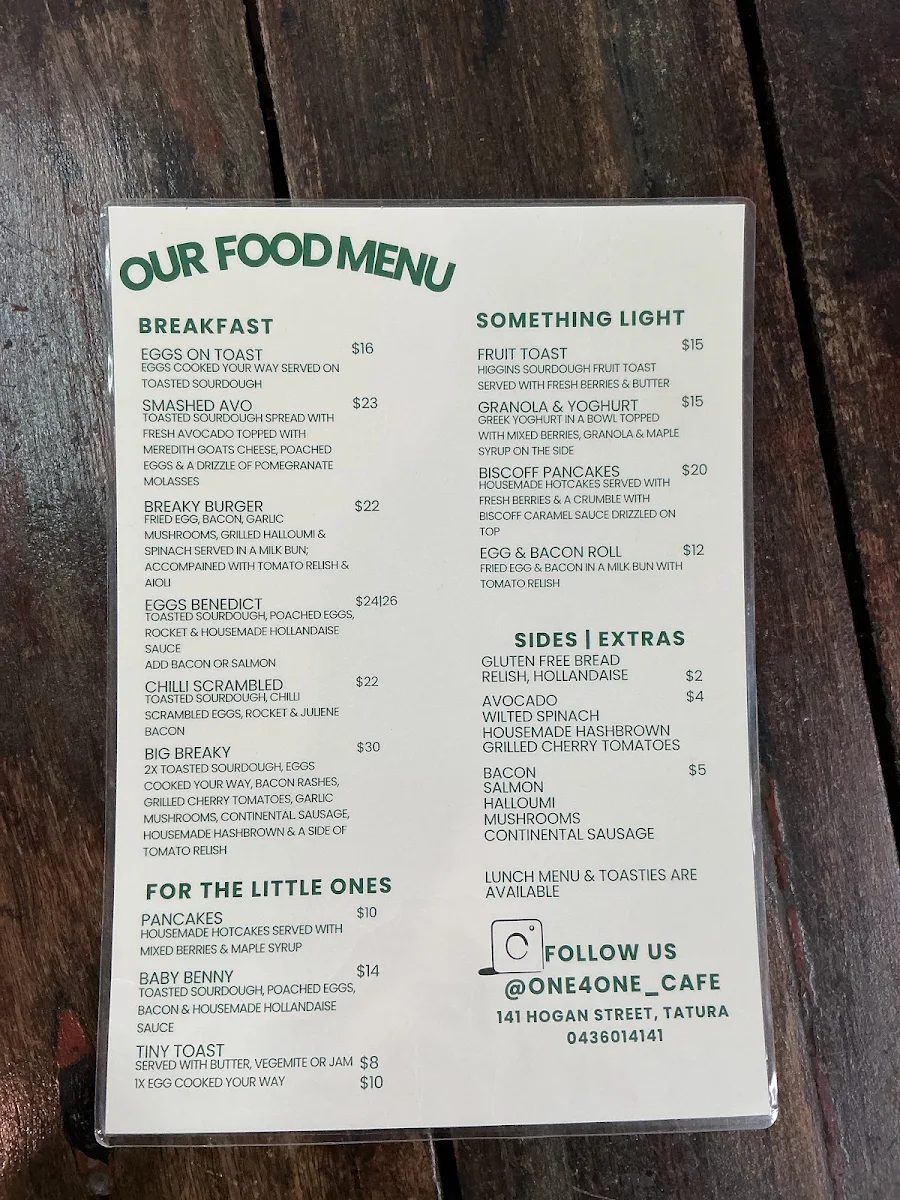 Menu, One 4 One Café