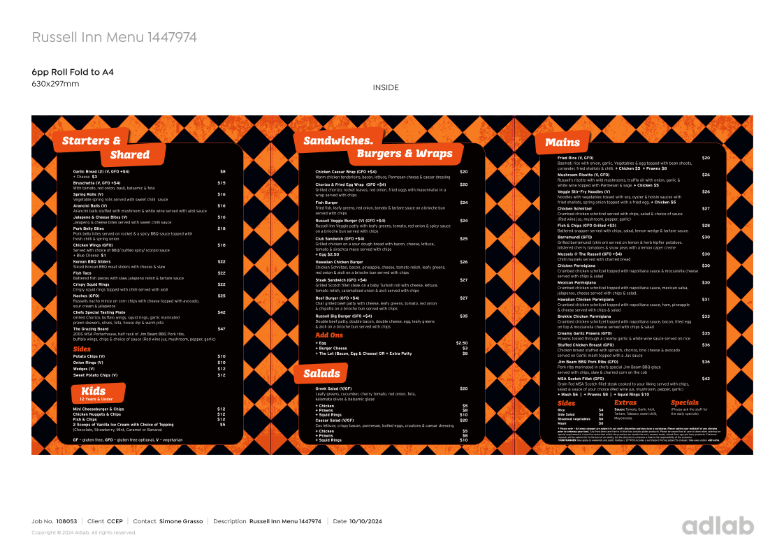 Menu, The Russell Inn Bar & Restaurant