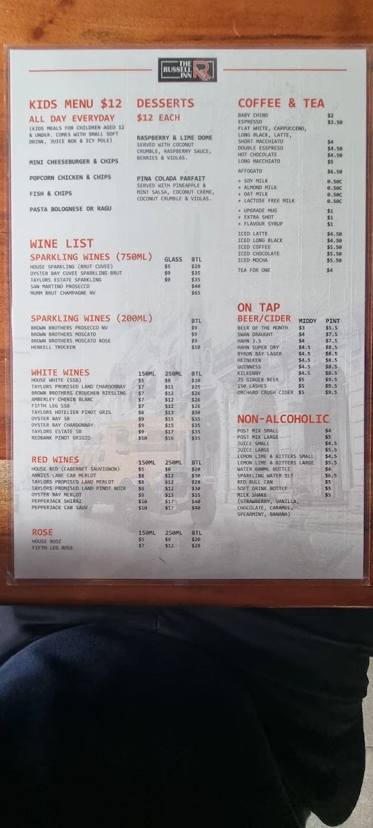 Menu, The Russell Inn Bar & Restaurant