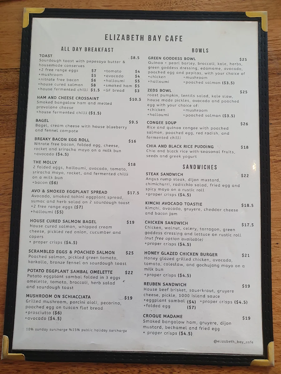 Menu, Elizabeth Bay Cafe
