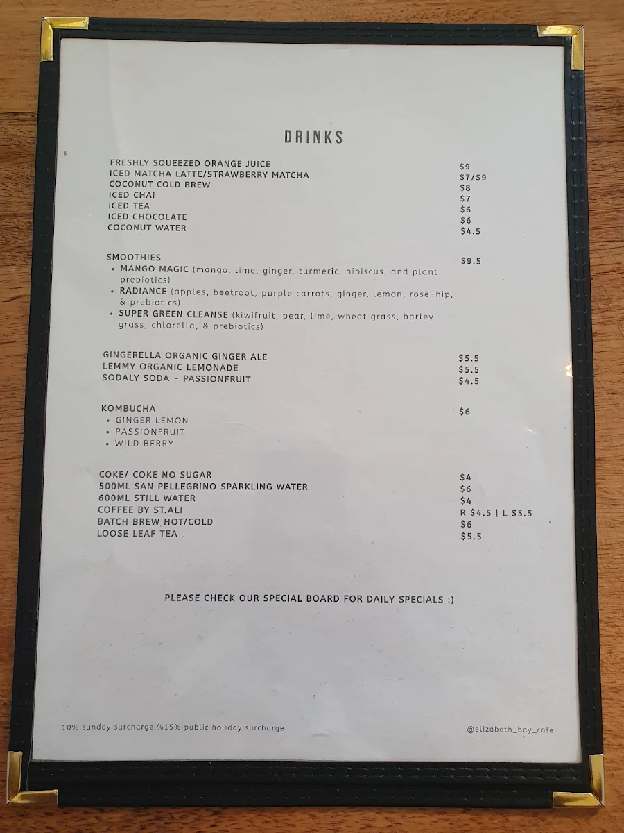Menu, Elizabeth Bay Cafe