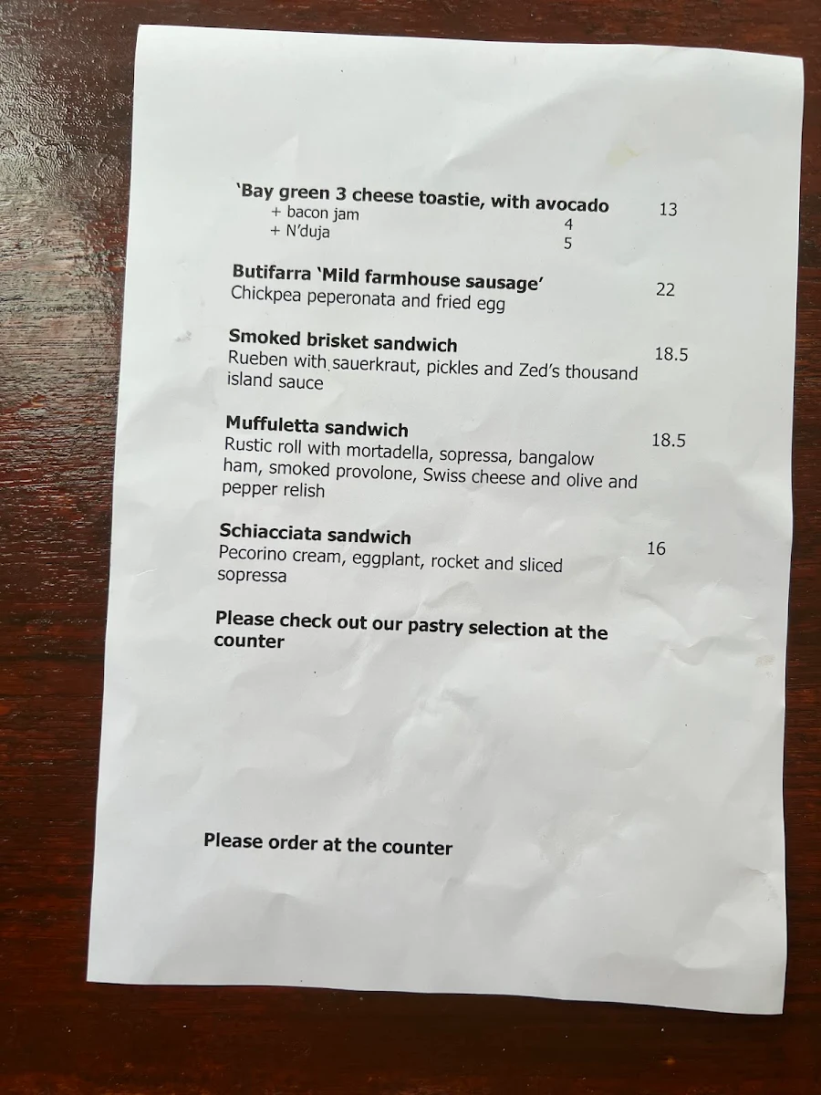 Menu, Elizabeth Bay Cafe
