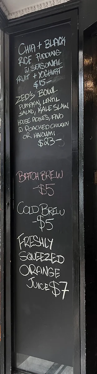 Menu, Elizabeth Bay Cafe