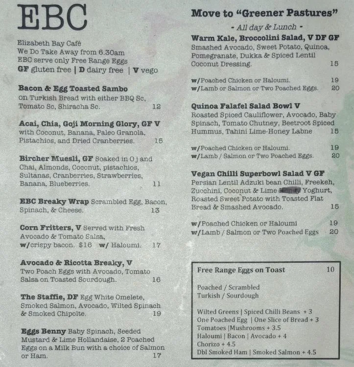 Menu, Elizabeth Bay Cafe