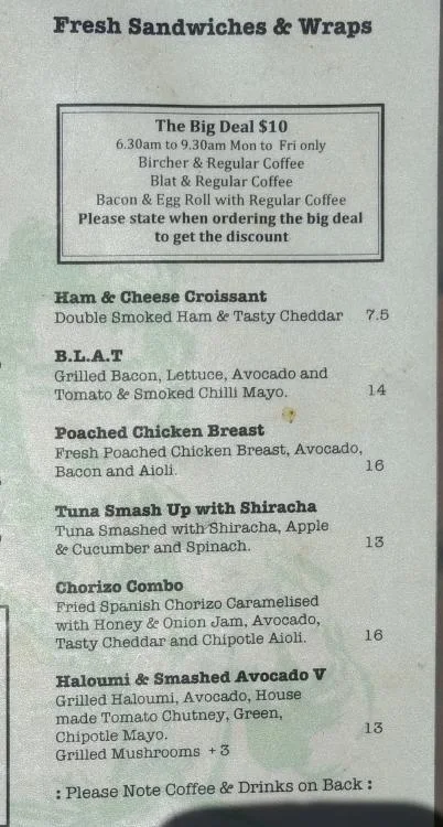 Menu, Elizabeth Bay Cafe