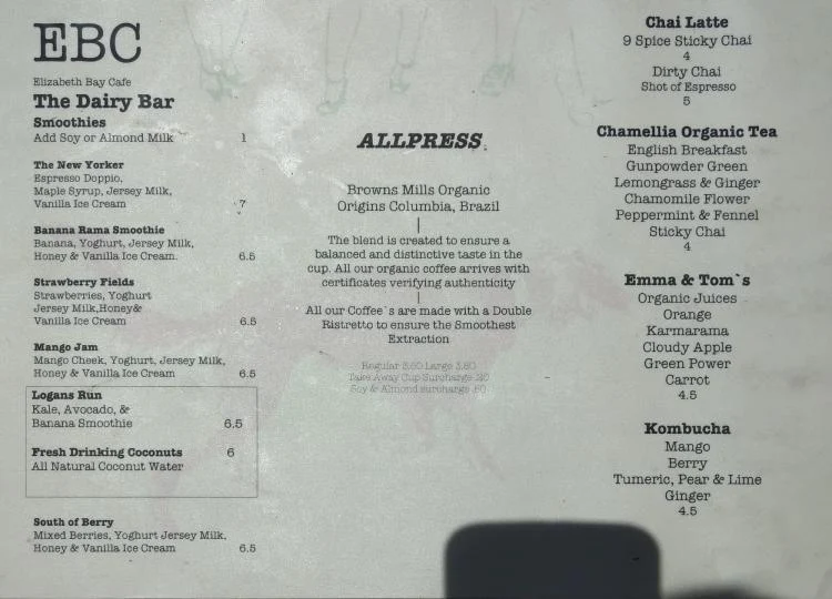 Menu, Elizabeth Bay Cafe