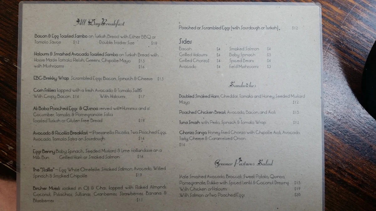 Menu, Elizabeth Bay Cafe
