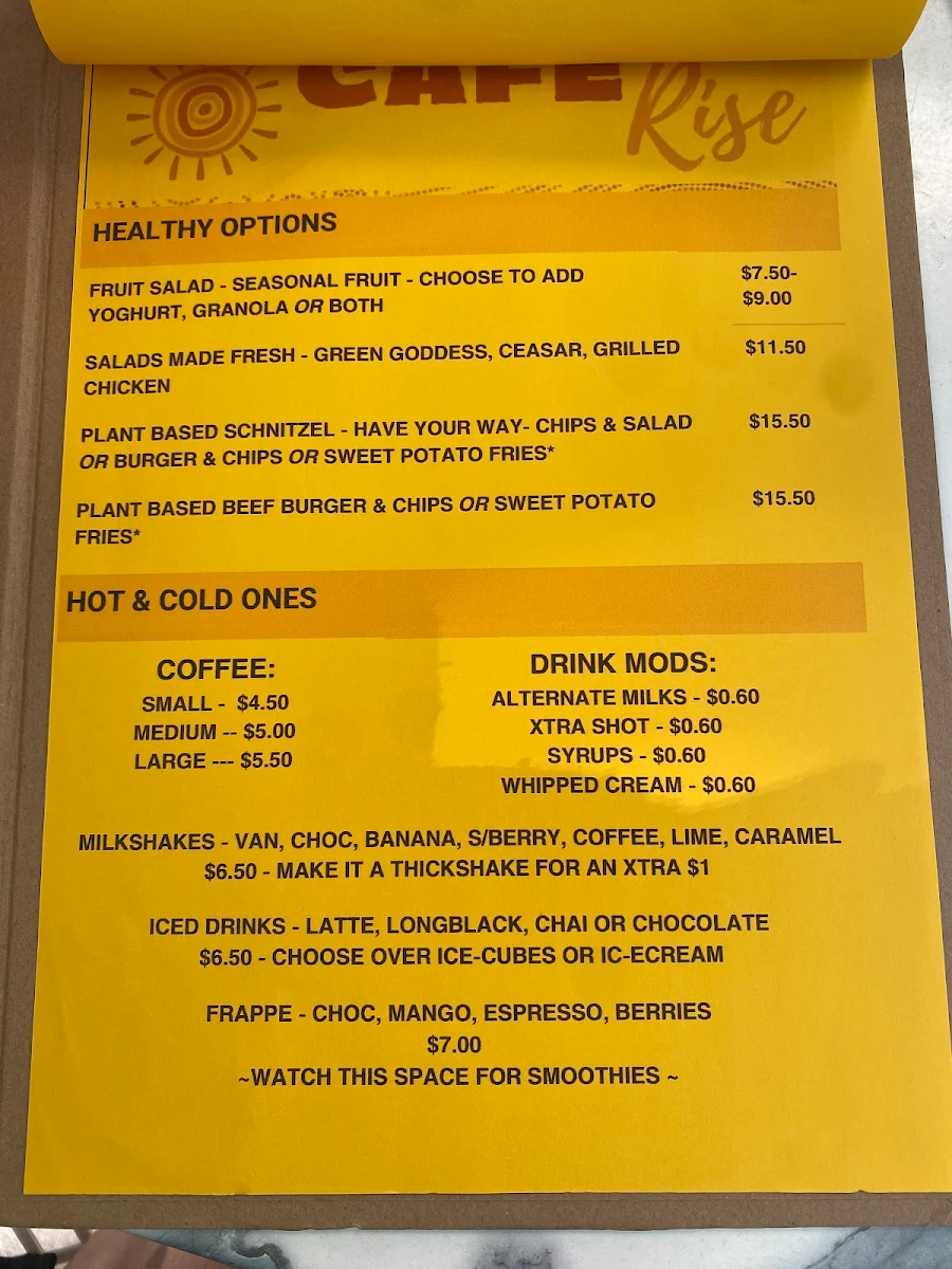 Menu, Rise Cafe