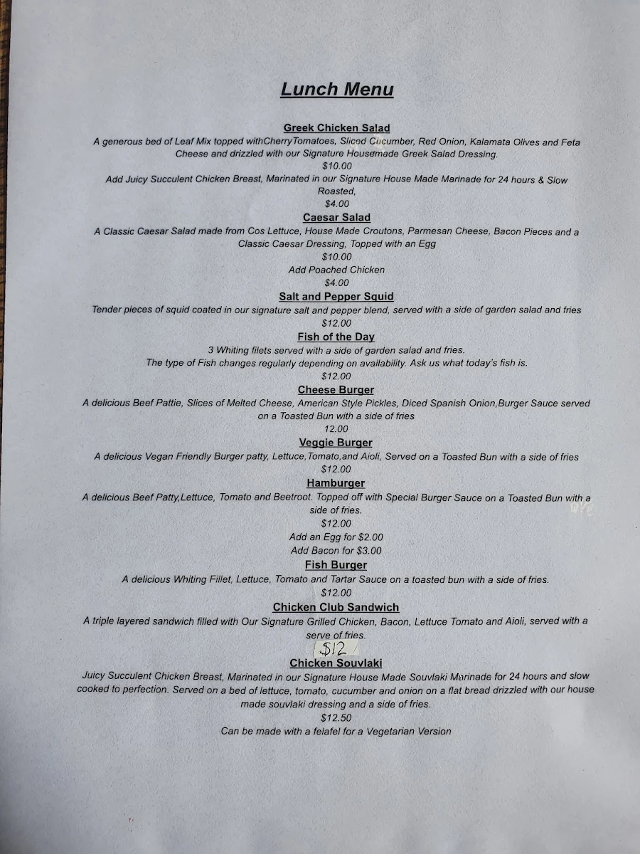 Menu, Rise Cafe