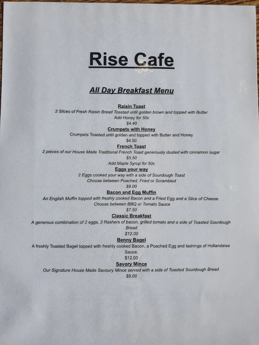 Menu, Rise Cafe