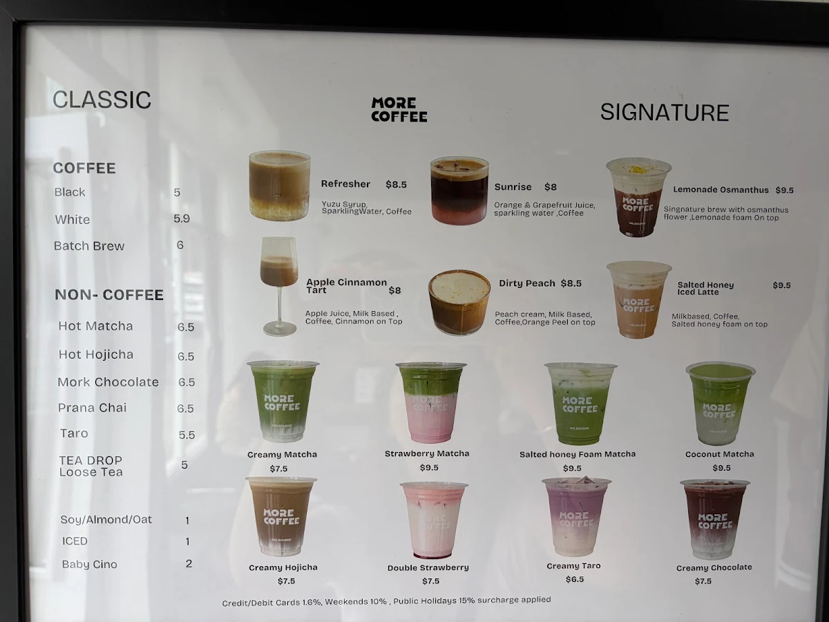 Menu, MORE COFFEE MELBOURNE