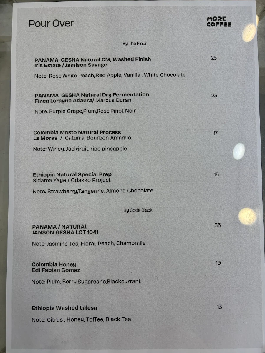 Menu, MORE COFFEE MELBOURNE
