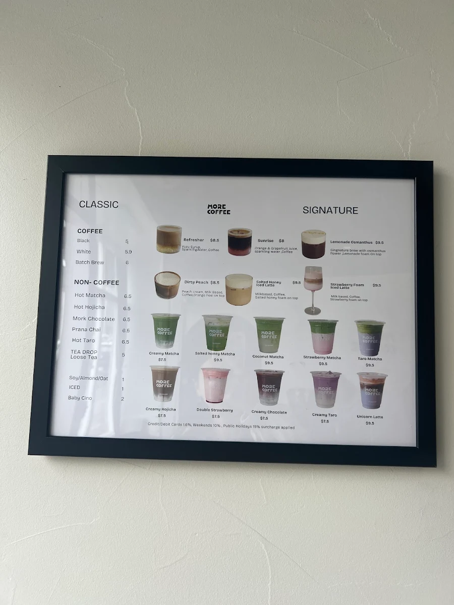 Menu, MORE COFFEE MELBOURNE