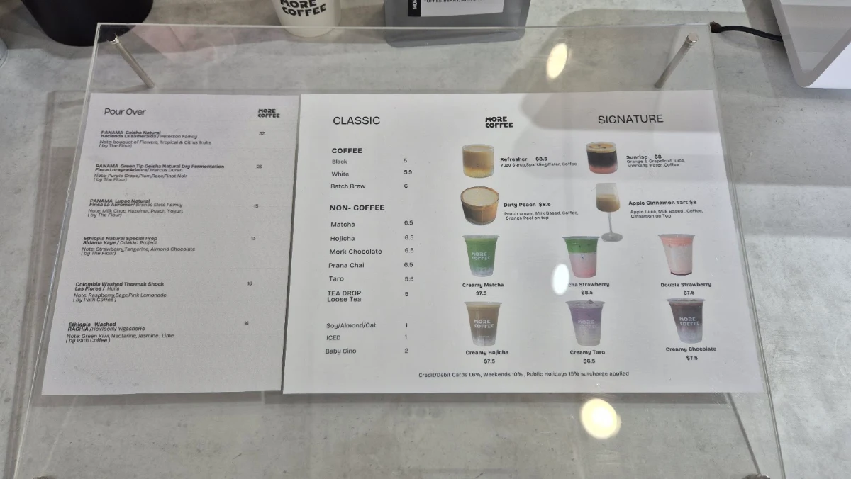 Menu, MORE COFFEE MELBOURNE