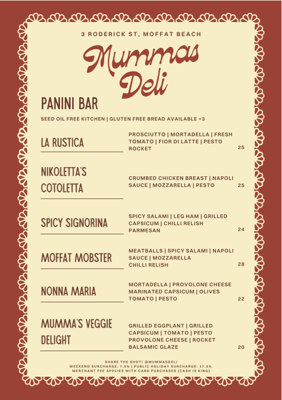 Menu, Mummas Deli