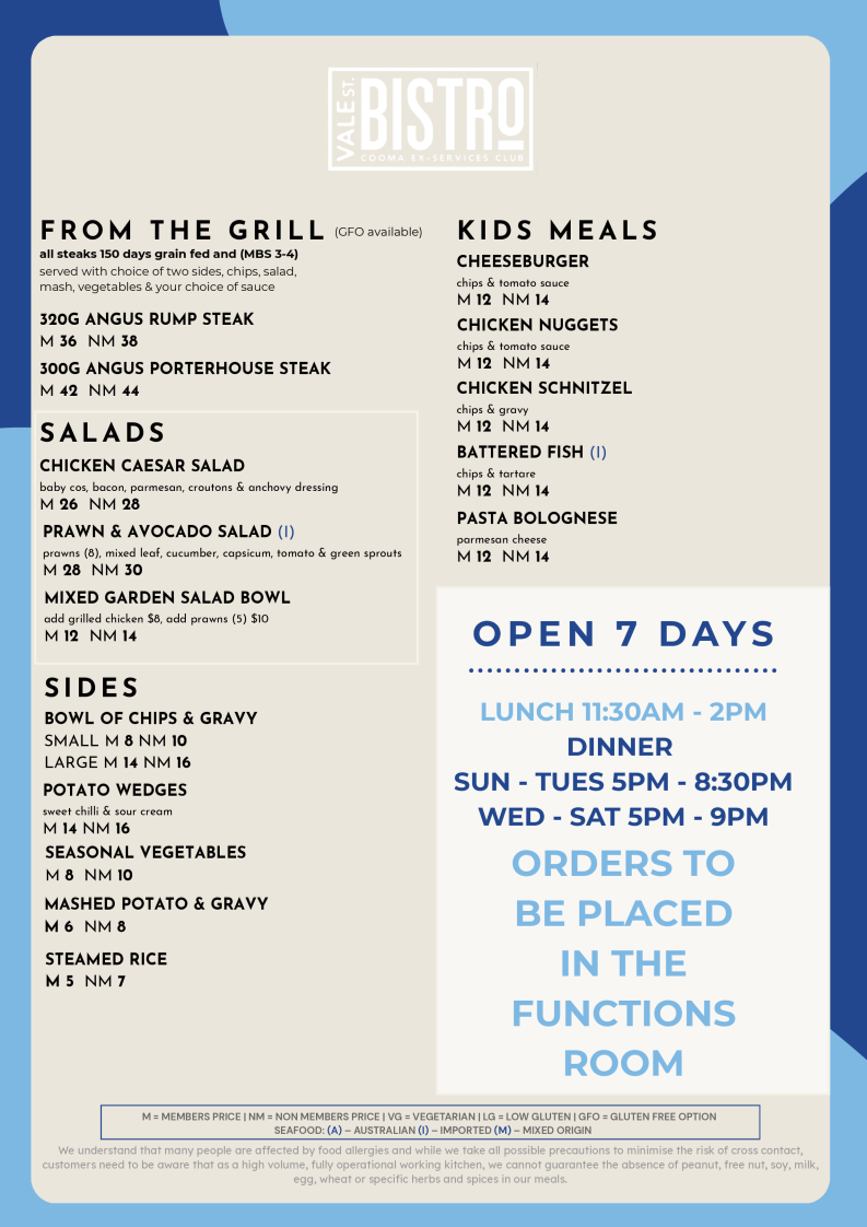 Menu, Cooma Ex-Services Club