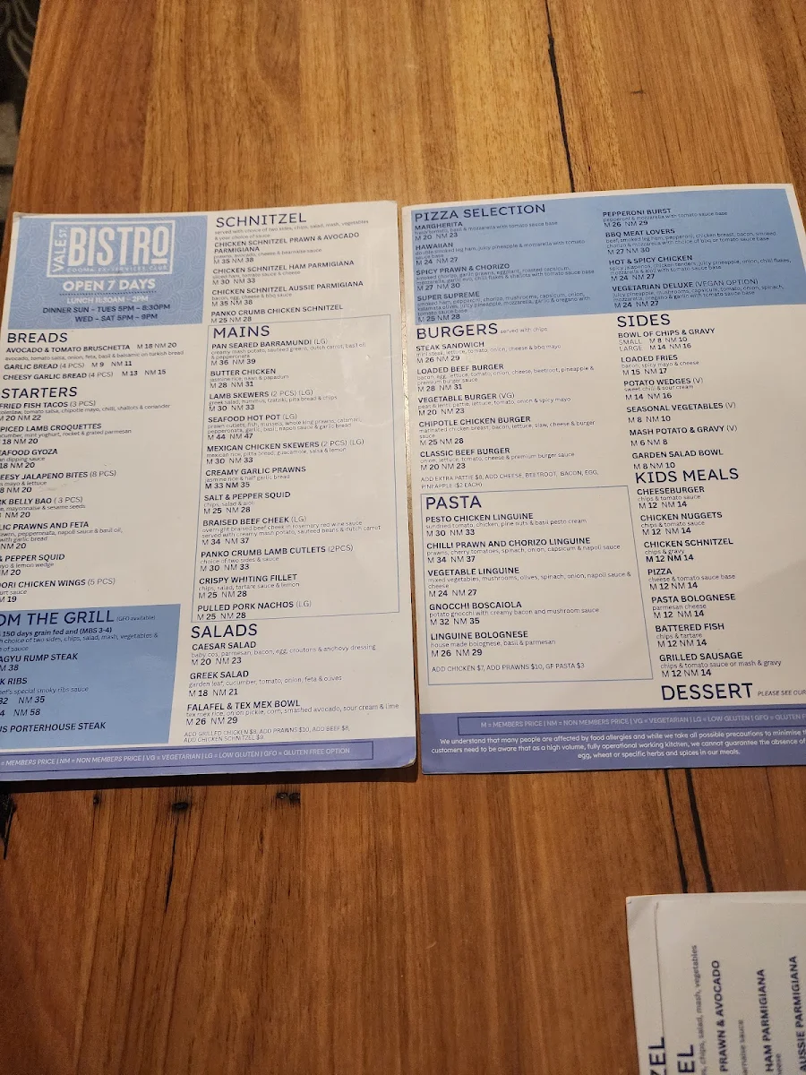 Menu, Cooma Ex-Services Club