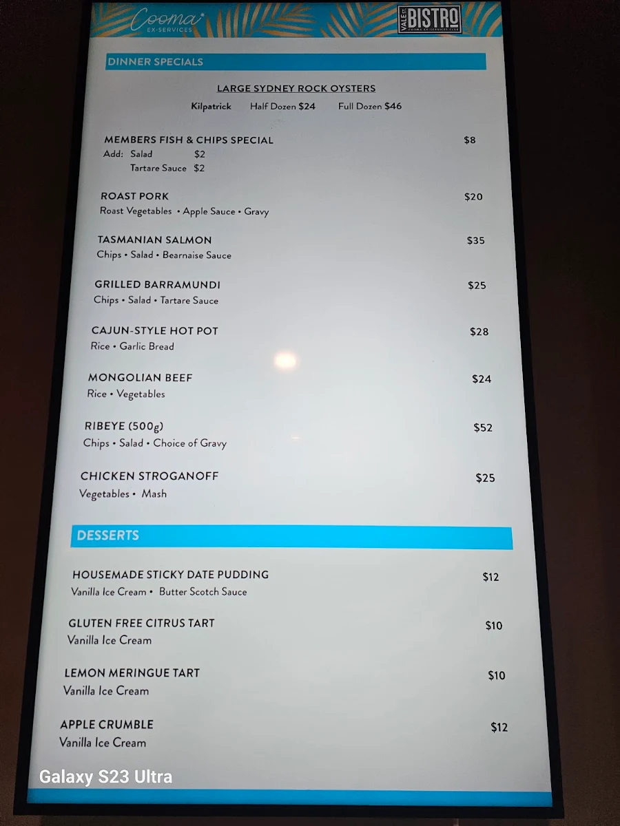 Menu, Cooma Ex-Services Club