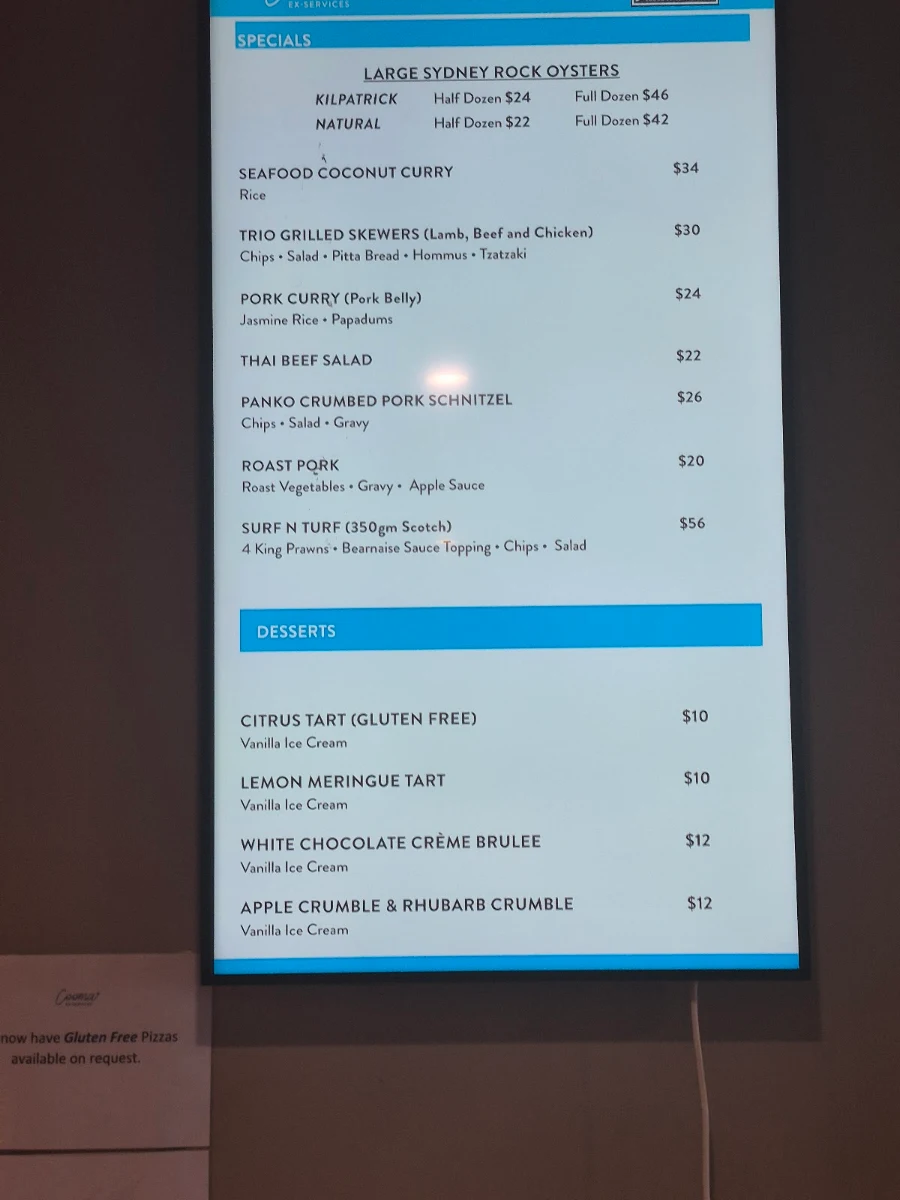 Menu, Cooma Ex-Services Club