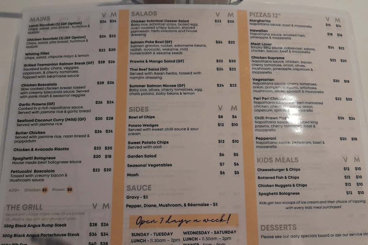 Menu, Cooma Ex-Services Club