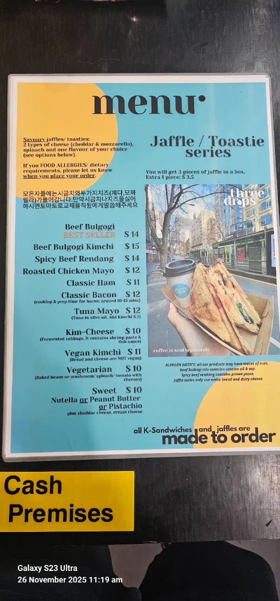 Menu, Three Drops Coffee & Sandwich