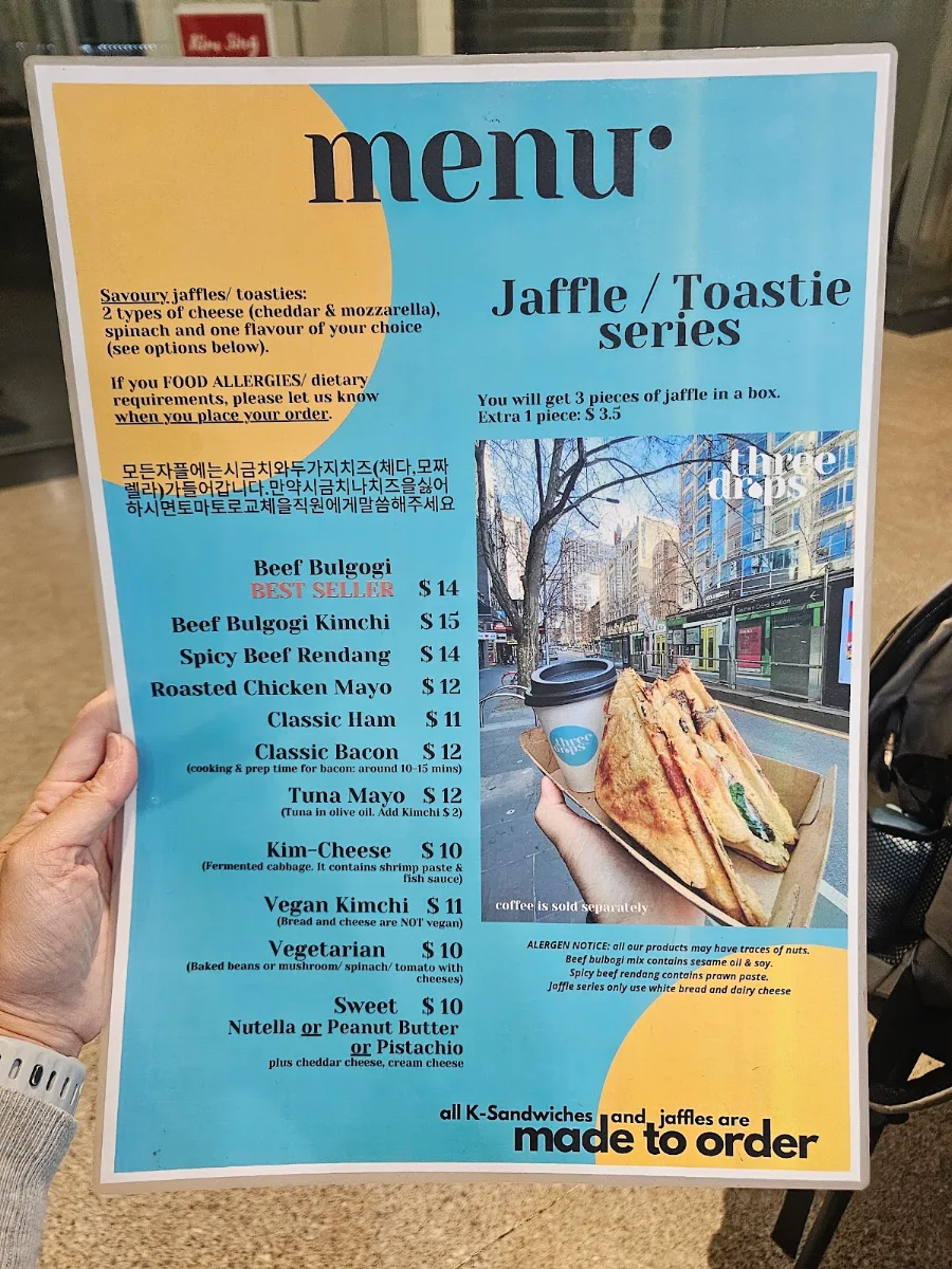 Menu, Three Drops Coffee & Sandwich