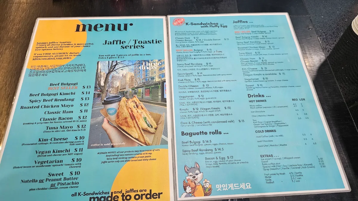 Menu, Three Drops Coffee & Sandwich
