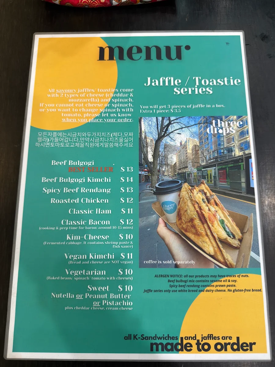 Menu, Three Drops Coffee & Sandwich