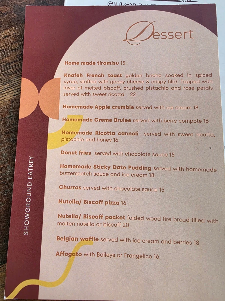 Menu, Showground Eatery